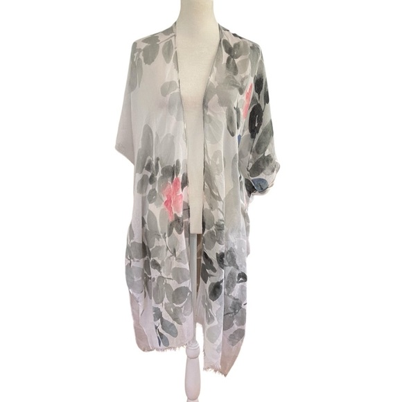 Floral Kimono Wrap One Size White with Grey Pink Floral Design Lightweight Flowy - Picture 5 of 5